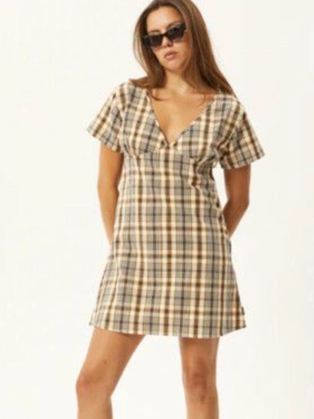 AFENDS CHECK OUT TEA DRESS MOONBEAM CHECK PLAID BABYDOLL MINI DRESS MEDIUM